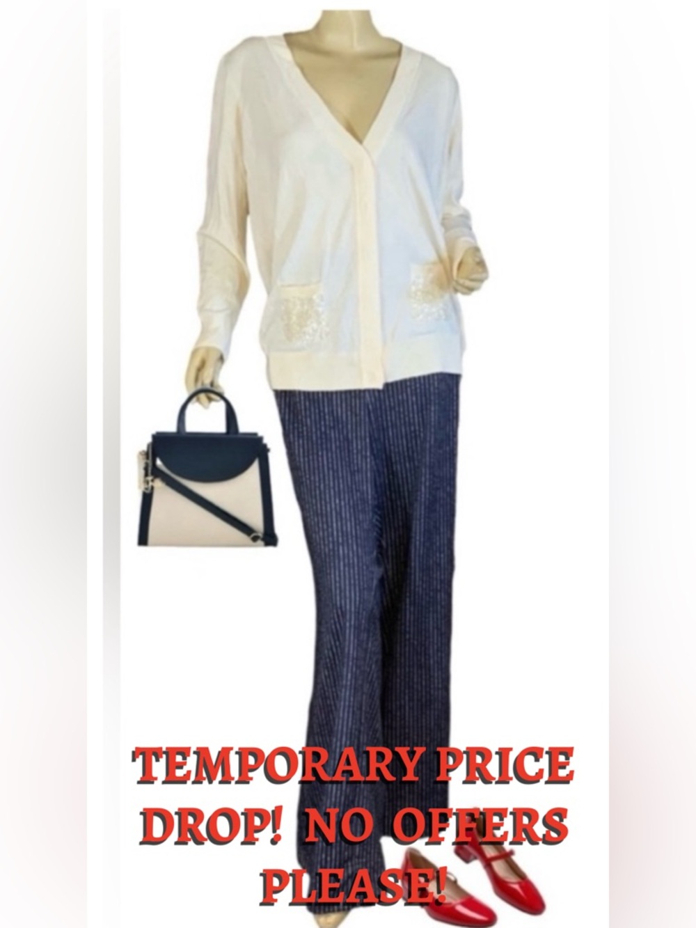 TALBOT'S WOMAN PETITES CREAM COTTON BLEND CARDIGAN W/SEQUINS NWT (2XP)